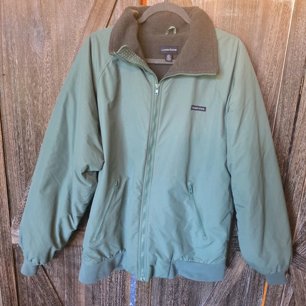 Land's End Jacket Men's Size M/T 38-40 Green Full Zip Gray Fleece Lined Pockets‎